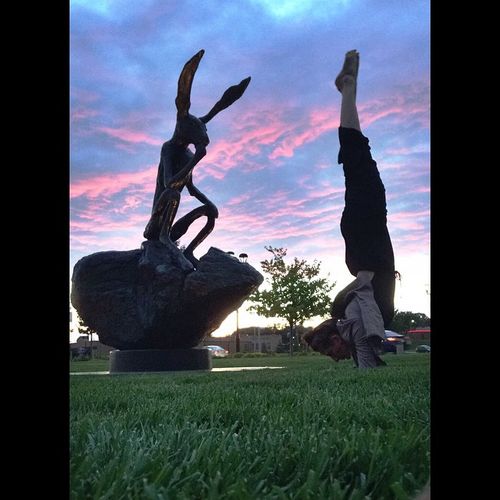 Forearm stand in the Papajohn Sculpture garden dow