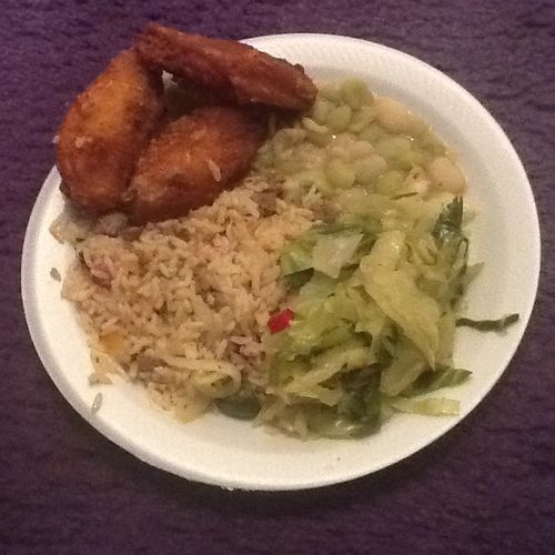 Baked wings, dirty rice, cabbage, n lima beans. Am
