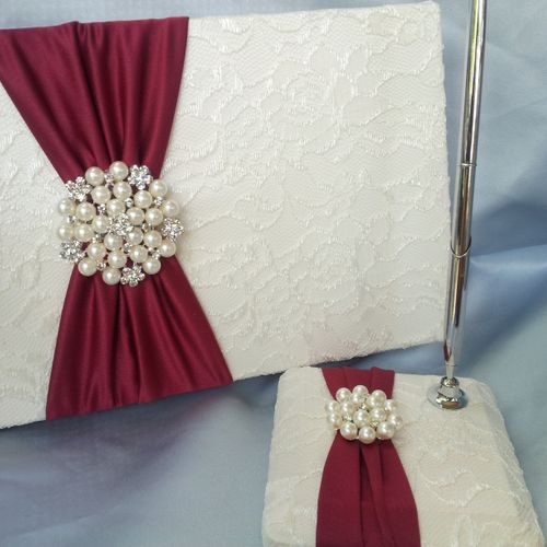 Ivory and Dark Red Apple Guest Book and Pen Stand 