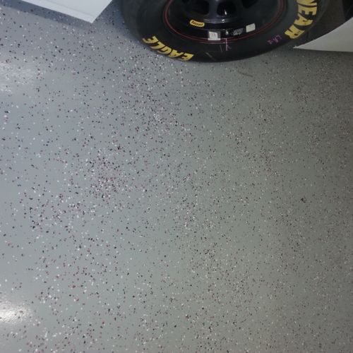 Medium Grey epoxy with red white and black flakes 
