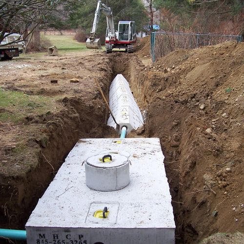 Concrete septic tank and tri-galley fields.