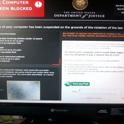 FBI Moneypack virus.  One of many viruses I'm able