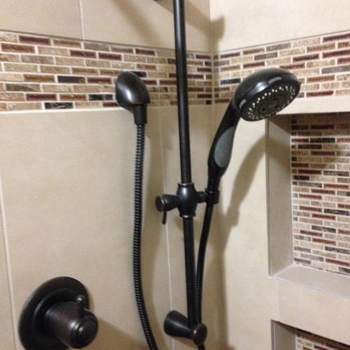 Alcove shower with rain and handheld shower heads