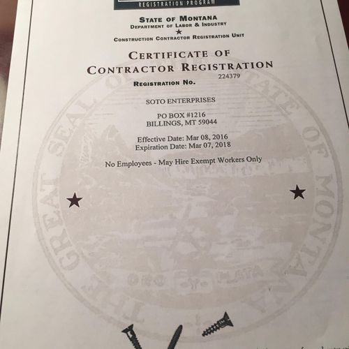 Montana certificate of Contractor Registration.  #