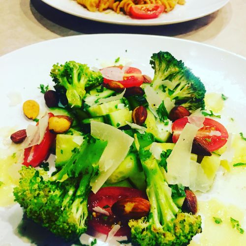 Braised broccoli with blistered tomatoes roasted p