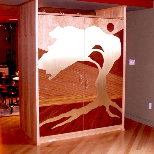 Doors to a Bar/divider. 
Exotic wood veneer marque