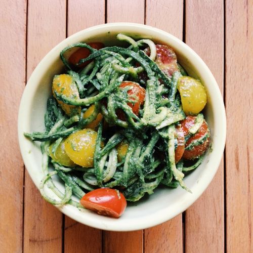 Zucchini Pesto Noodles with Cherry Tomatoes.