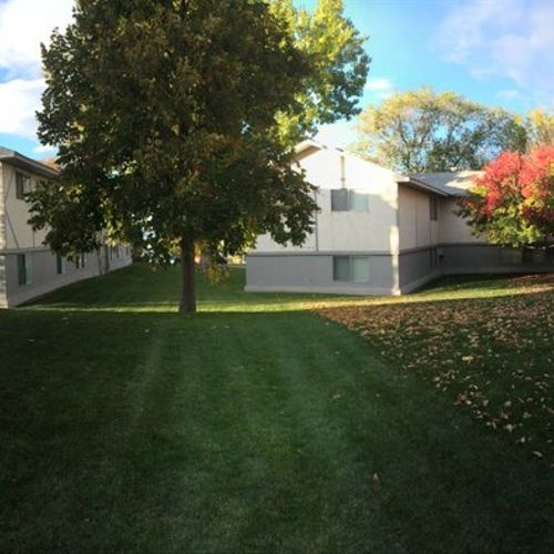 Large multifamily complex during fall leaf cleanup