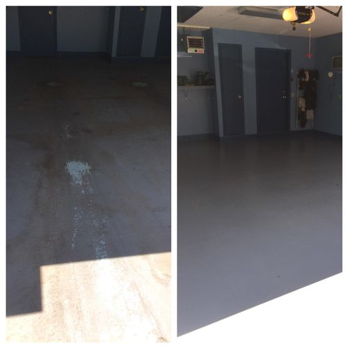 Before and after of a garage floor epoxy
