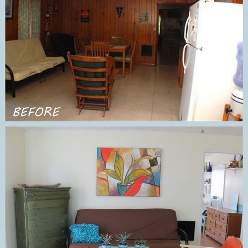 Before and after in living room at the beach house