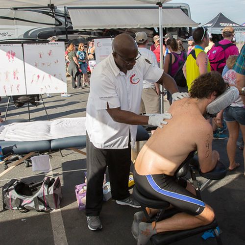 Working on an athlete at O C Tri Event 2015