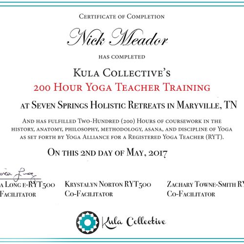 My 200 hour yoga teacher training completion certi