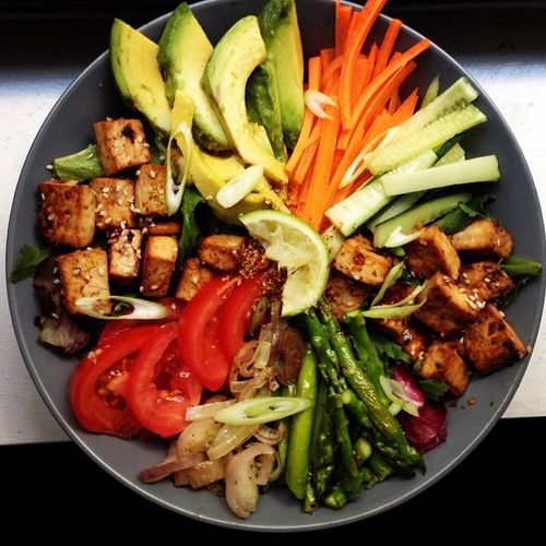 Warm wheatberry grain bowl with tofu and crunchy c