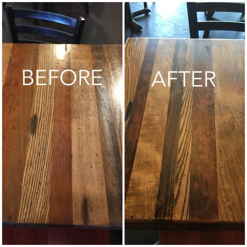 Most recent* City Barbecue tables refinished 