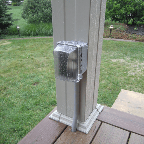 Porch mounted PVC piped weatherproof GFCI outlet f
