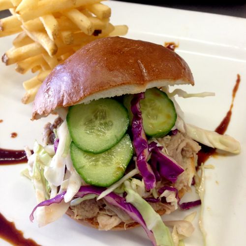Grilled Turkey burger topped with light cole slaw 