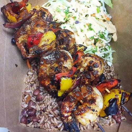 Jerk Shrimp Kabobs with Peas and Rice