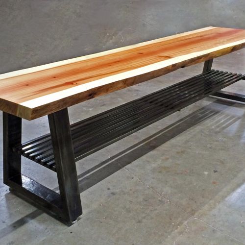 Custom fabricated steel and redwood table. Design 