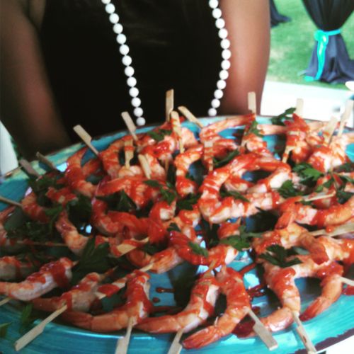 Grilled Shrimp Skewers w/ Harissa Cocktail Sauce