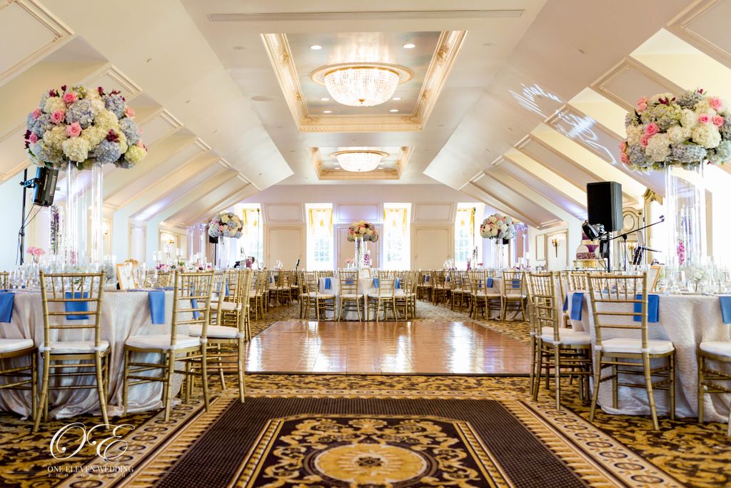 Banquet Hall uplighting, monogram, and cake highli