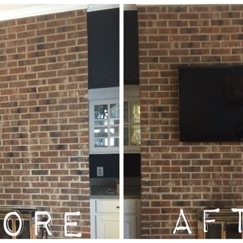 TV Mounted to brick fireplace with recessed wiring