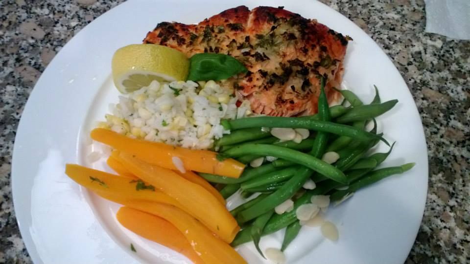 Lemon Herb Broiled Salmon.
Spring carrots, green b