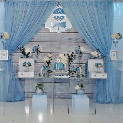 baby shower boy set up w/ printout backdrop and dr