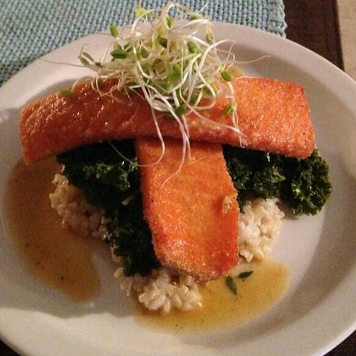 Steelhead Trout wine braised kale and rice with a 