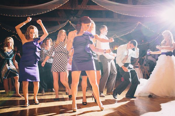 The wedding party, bride and groom getting down at
