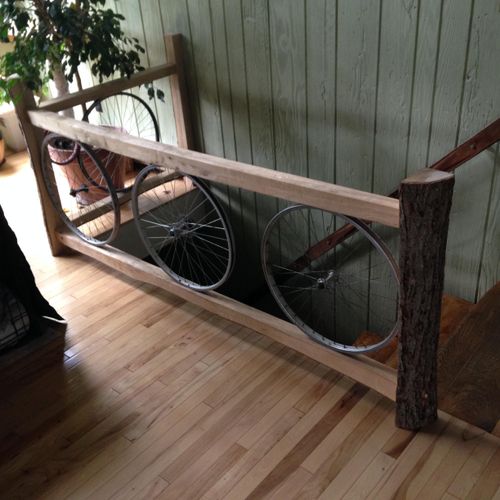 Custom, unconventional railing built from re-used 