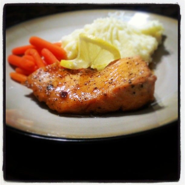 Honey glazed salmon, sweet baby carrots, garlic sm