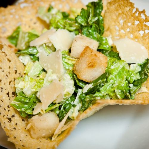 Spicy Caesar Salad with Hominy Croutons in a Parme