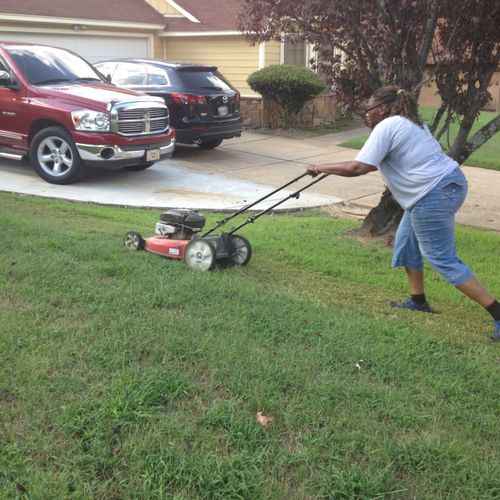 Cutting a yard in Memphis during a Trash out servi