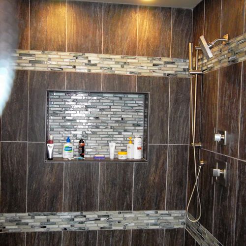 Tile walk-in shower by Lyndan Designs