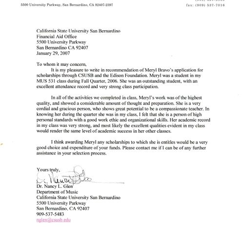 Letter of Recommendation from CSUSB Professor desc