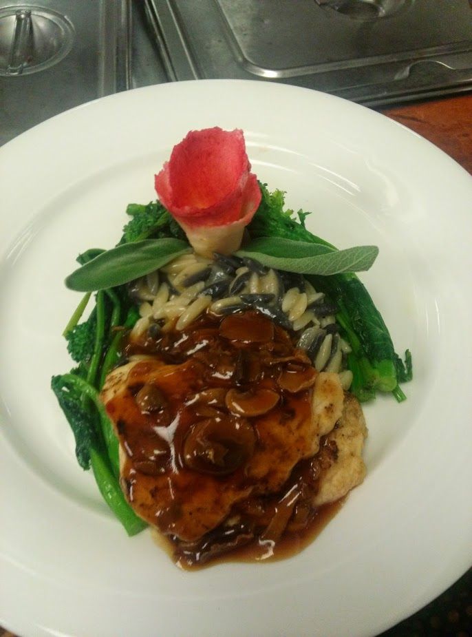 Chicken with mushroom gravy. Tuxedo orzo risotto a