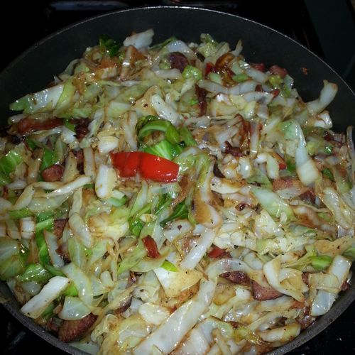Fried Cabbage with assorted peppers and bacon and 