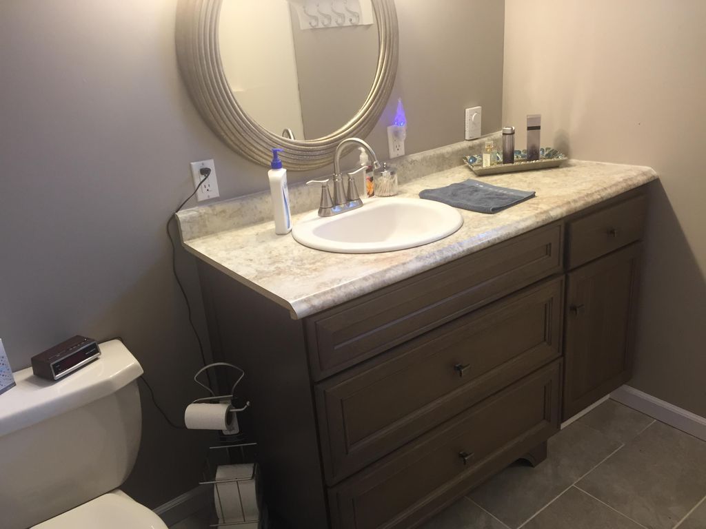 Recent bathroom remodel with glass block window, h