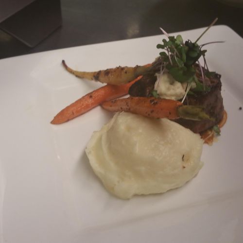 Boursin cream potato with roasted baby carrots and