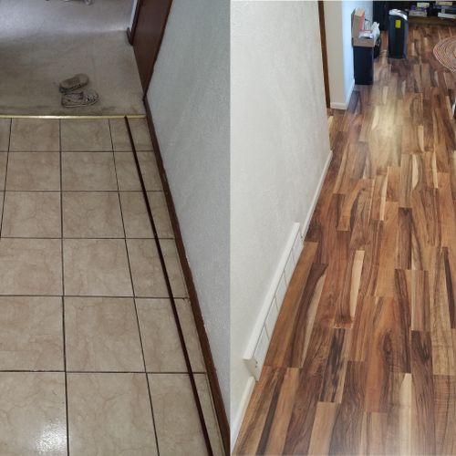 Vinyl tile removal, installation of laminate floor