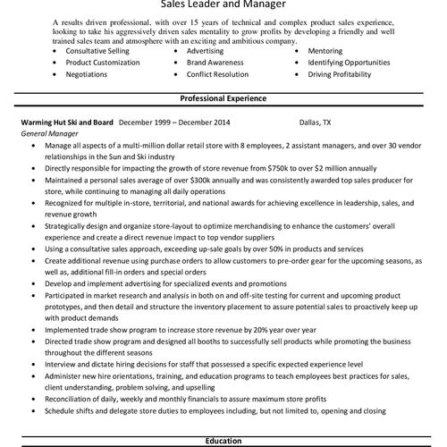 Page one. Sales and Sales Manager Resume. This par