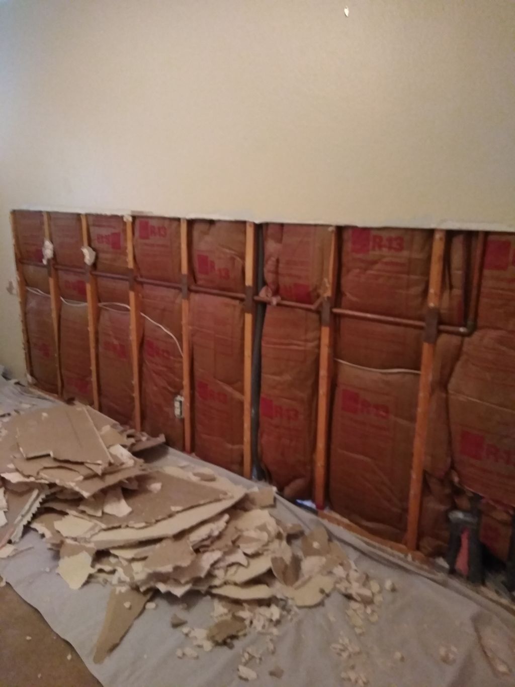 Water damaged drywall and insulation had to cut it