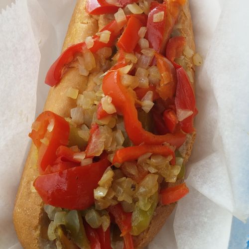Bratwurst with sweet peppers and onions
