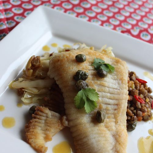 Seared Skate with Confetti Lentils and Caramelized