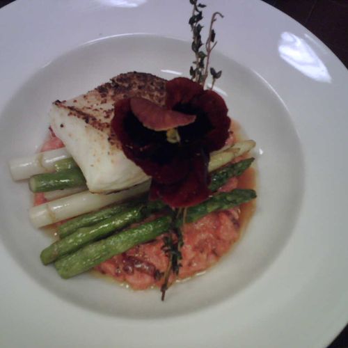 Seared Sea Bass / Grilled Asparagus / Red Beet Ris
