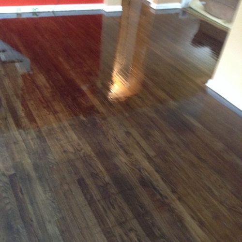 Resurfaced living room, stained ebony to mask wate