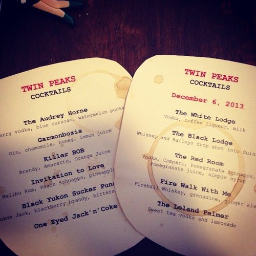 Handmade cocktail menus for my "Twin Peaks" themed