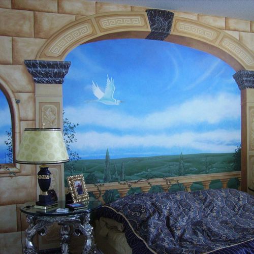 Trompe l'oeil mural in guest bedroom