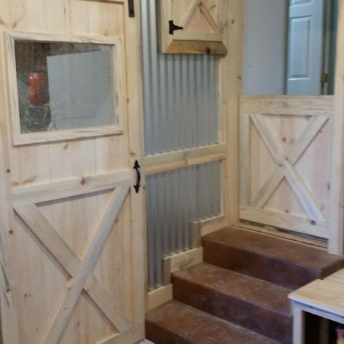 front entry remodel, with custom built barn doors 