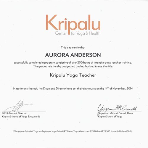 My teacher certification from Kripalu
